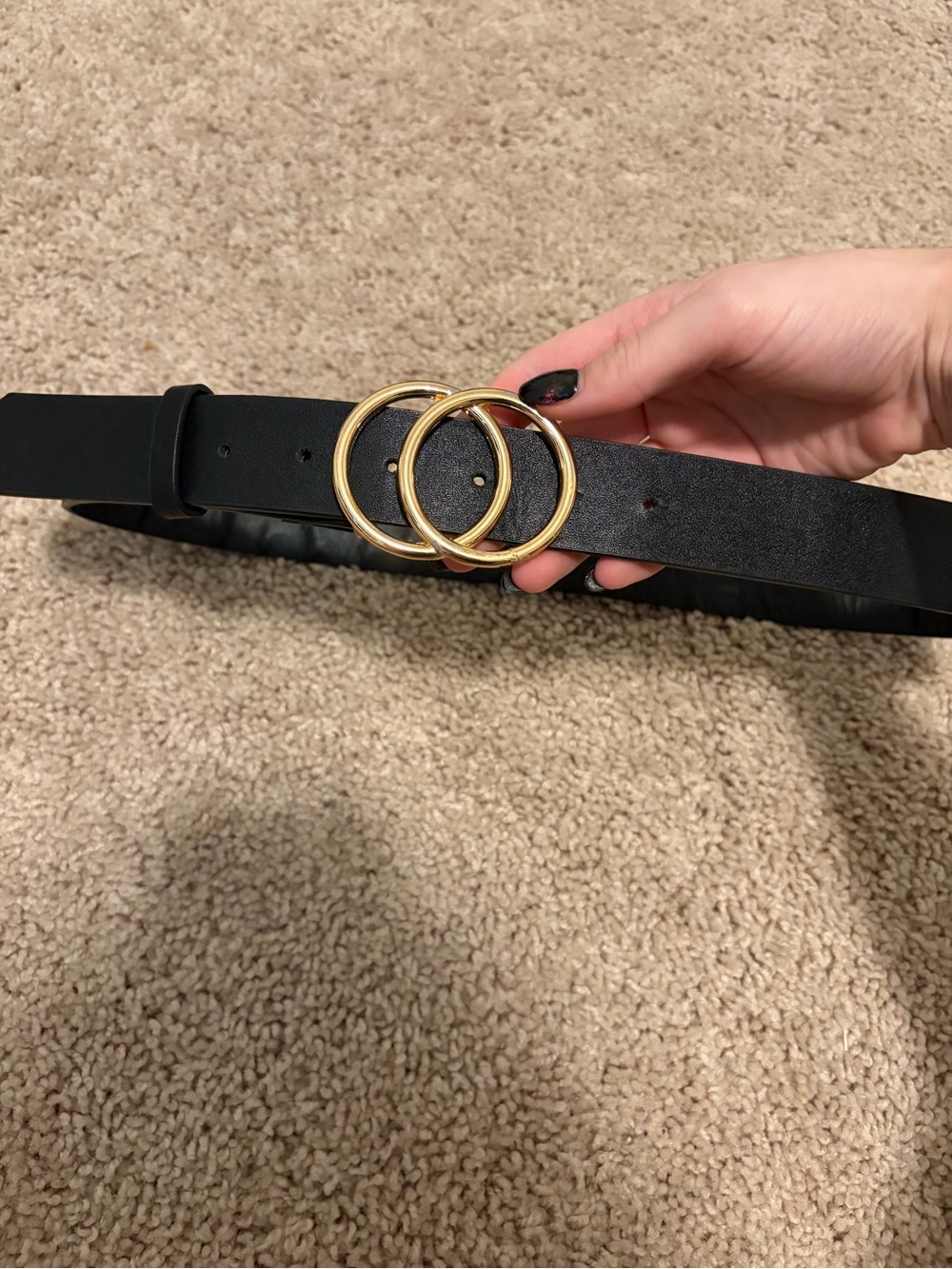 Black Faux Leather Belt with Gold Double-Ring Buckle